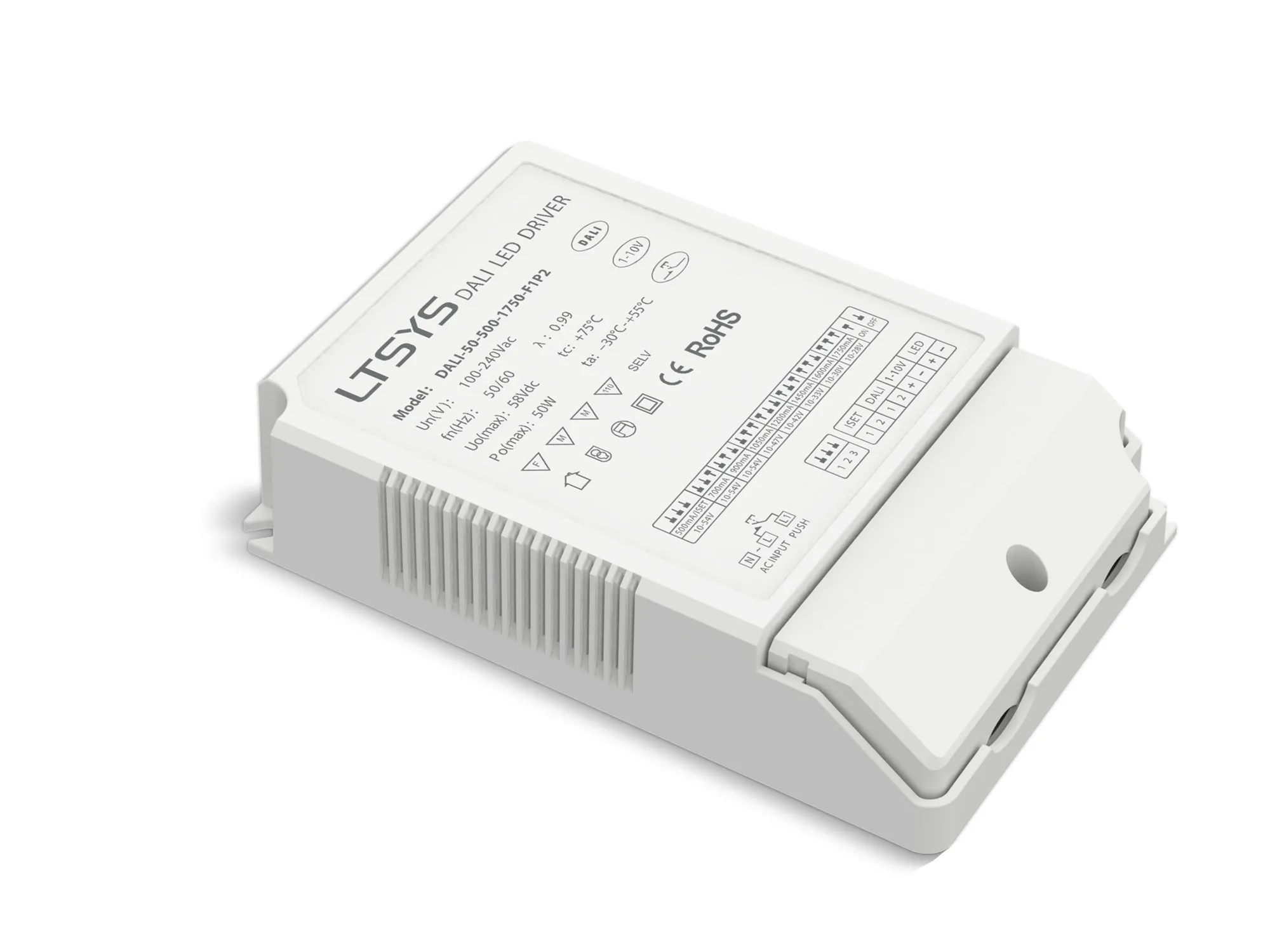 DALI-50-500-1750-F1P2  DALI, 0/1-10V, PWM, Push Dim, 5-50W Current Dimmable Drive DC 10-54V